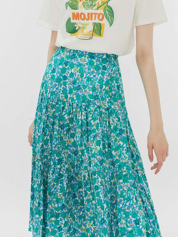 cubic Retro Single Tiered Floral Skirt Green