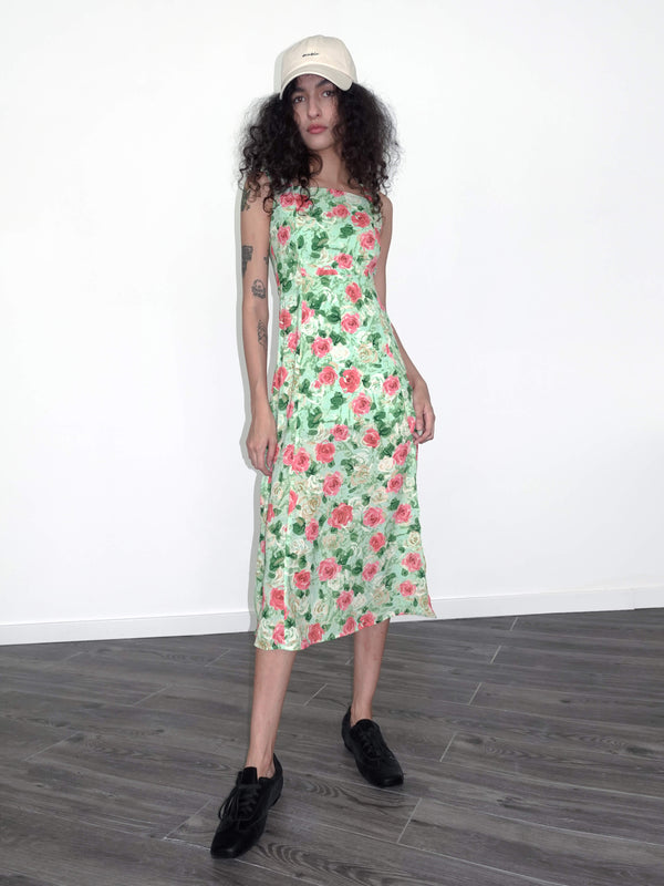 Cubic Rose Print Sleeveless Slit Dress Green