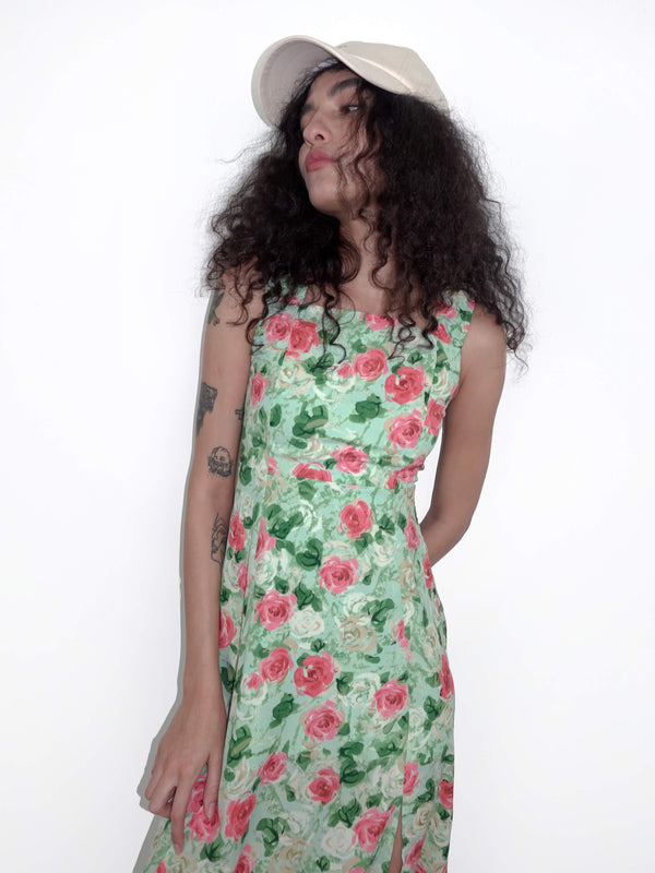 Cubic Rose Print Sleeveless Slit Dress Green