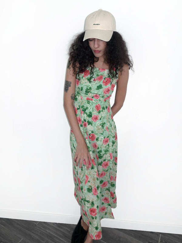 Cubic Rose Print Sleeveless Slit Dress Green