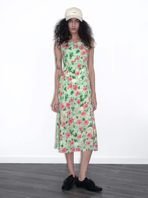 cubic Rose Print Sleeveless Slit Dress Green