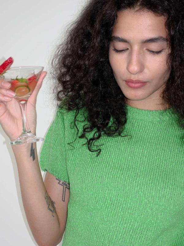 Cubic Round Neck Loose Knit T-Shirt Green