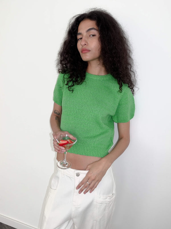 Cubic Round Neck Loose Knit T-Shirt Green