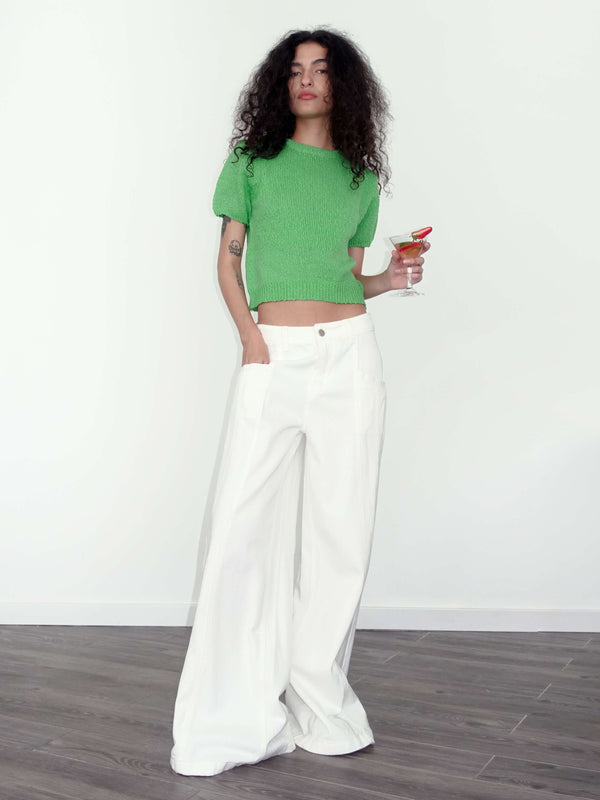 Cubic Round Neck Loose Knit T-Shirt Green