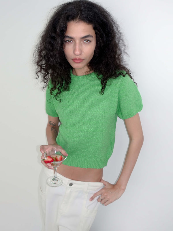 cubic Round Neck Loose Knit T-Shirt Green