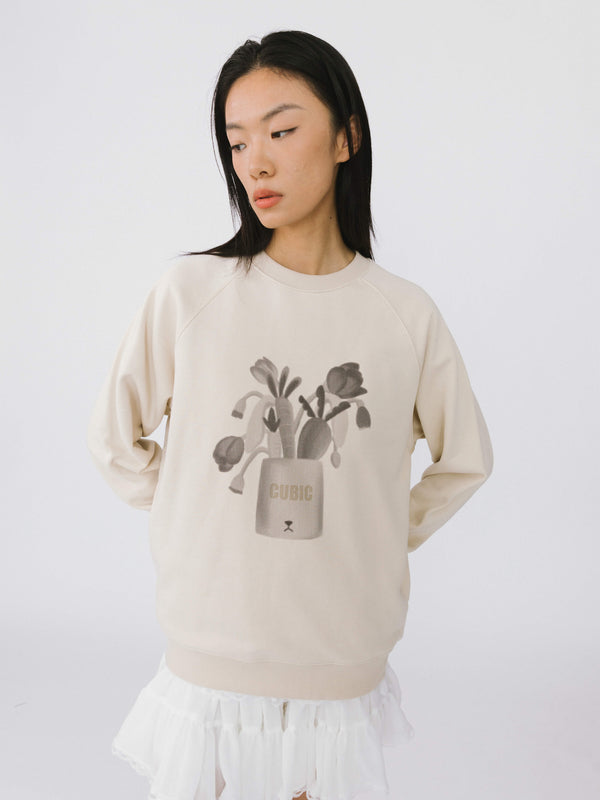 cubic Round Neck Printed Sweatshirt Pink