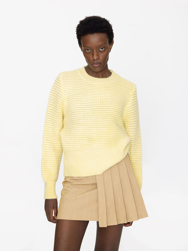 Cubic Round Neck Ribbed Knit Sweater Light Yellow