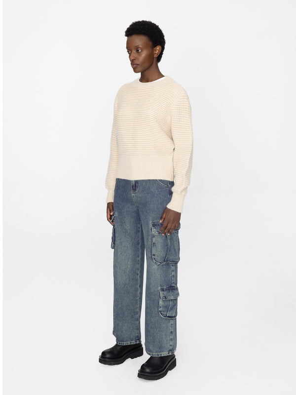 Cubic Round Neck Ribbed Knit Sweater Light Yellow