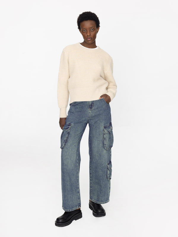 cubic Round Neck Ribbed Knit Sweater Light Yellow