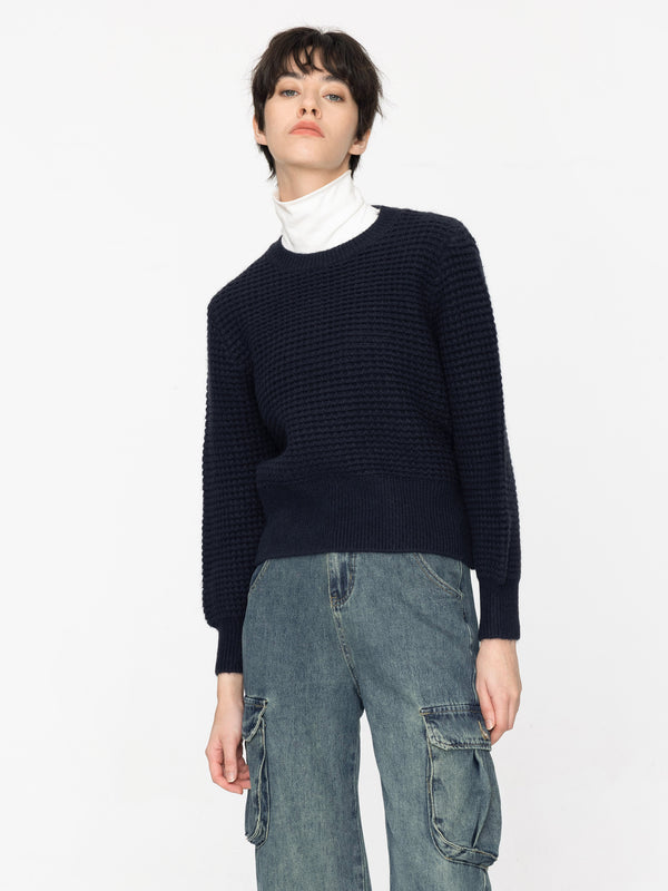 Cubic Round Neck Ribbed Knit Sweater Light Yellow