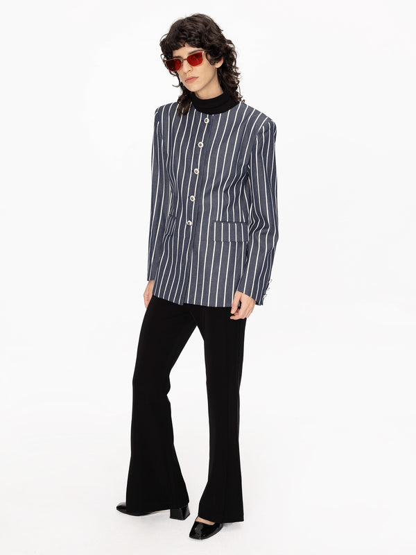 Cubic Round Neck Striped Jacket Gray