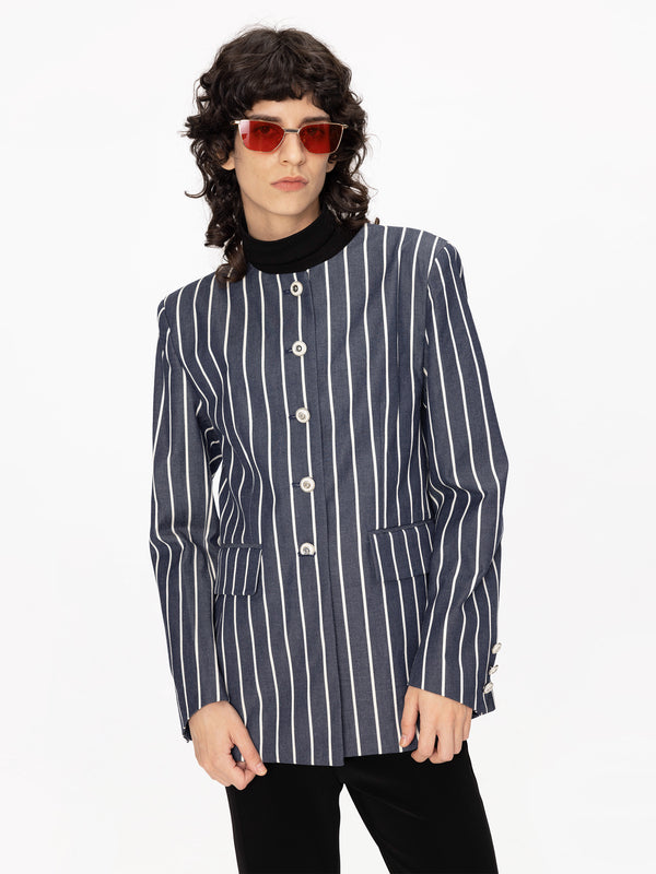 Cubic Round Neck Striped Jacket Gray