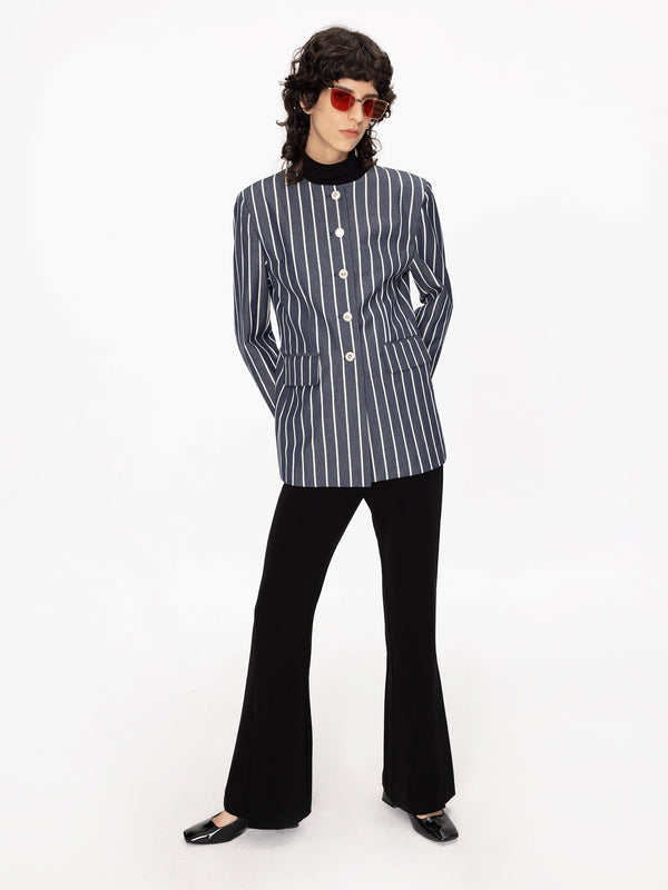 cubic Round Neck Striped Jacket Gray