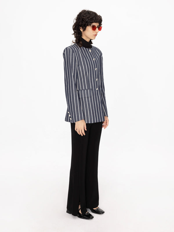 Cubic Round Neck Striped Jacket Gray