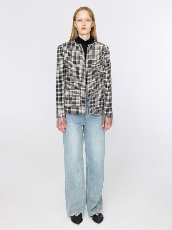 Cubic Round Neck Tartan Jacket Black