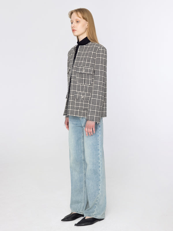 Cubic Round Neck Tartan Jacket Black