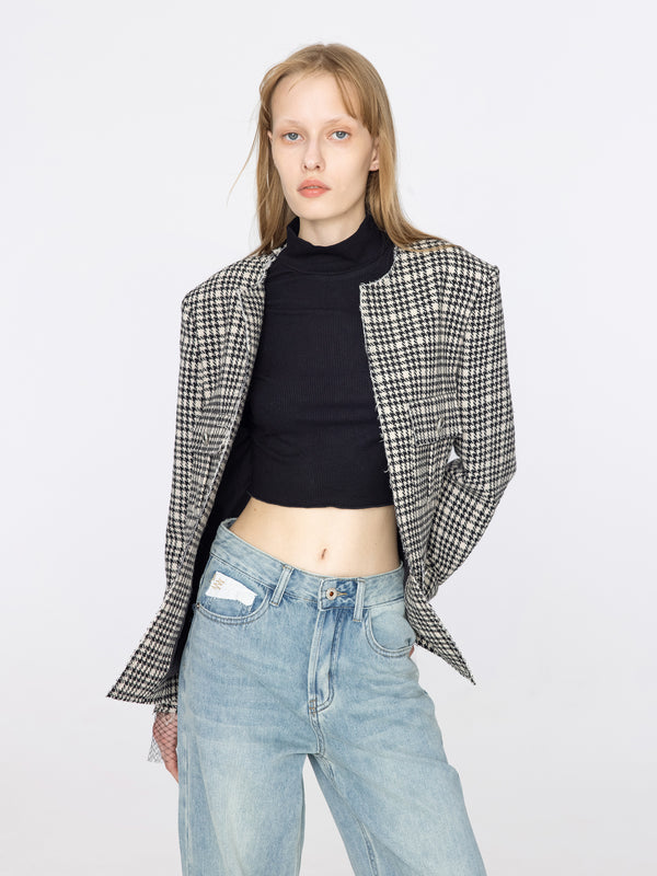 cubic Round Neck Tartan Jacket Black