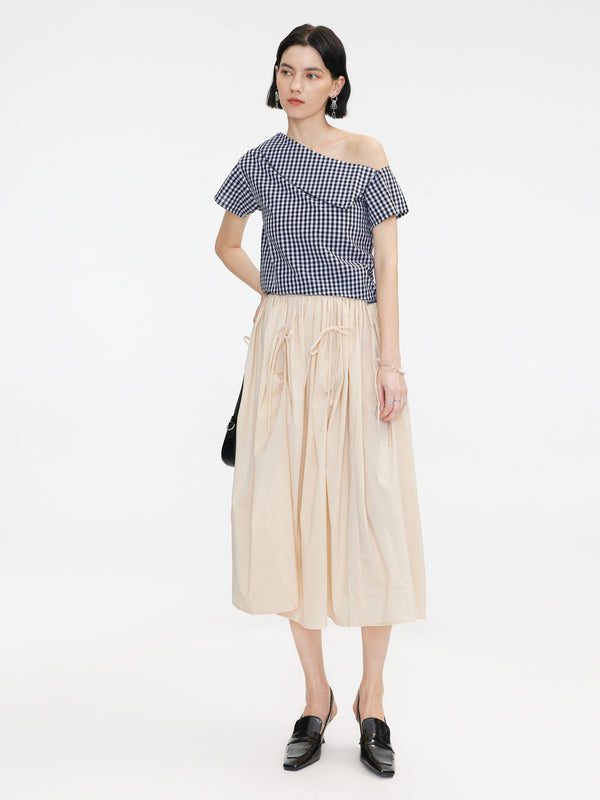 Cubic Ruched Waist Tied Up Midi Skirt Wheat