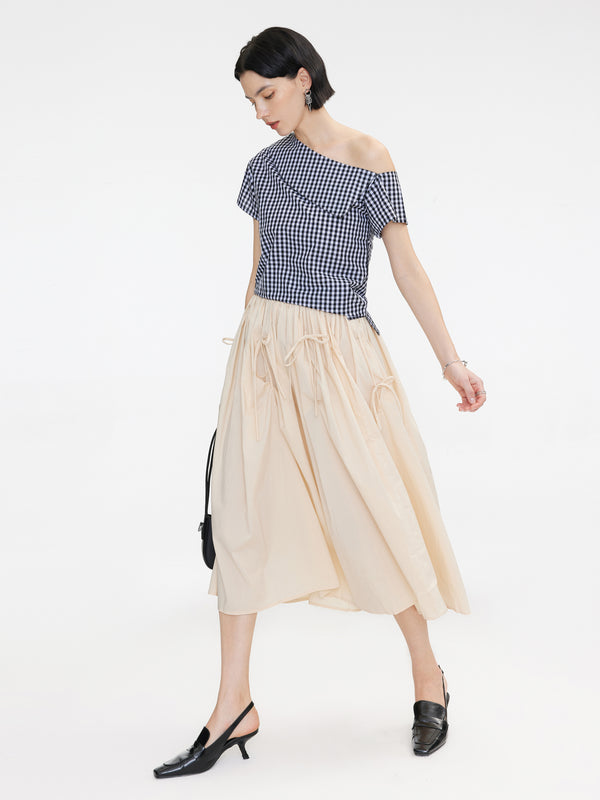 Cubic Ruched Waist Tied Up Midi Skirt Wheat
