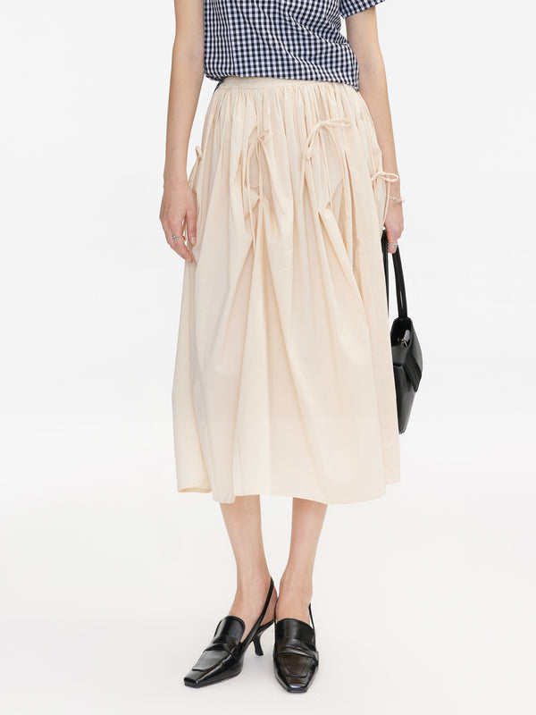 cubic Ruched Waist Tied Up Midi Skirt Wheat