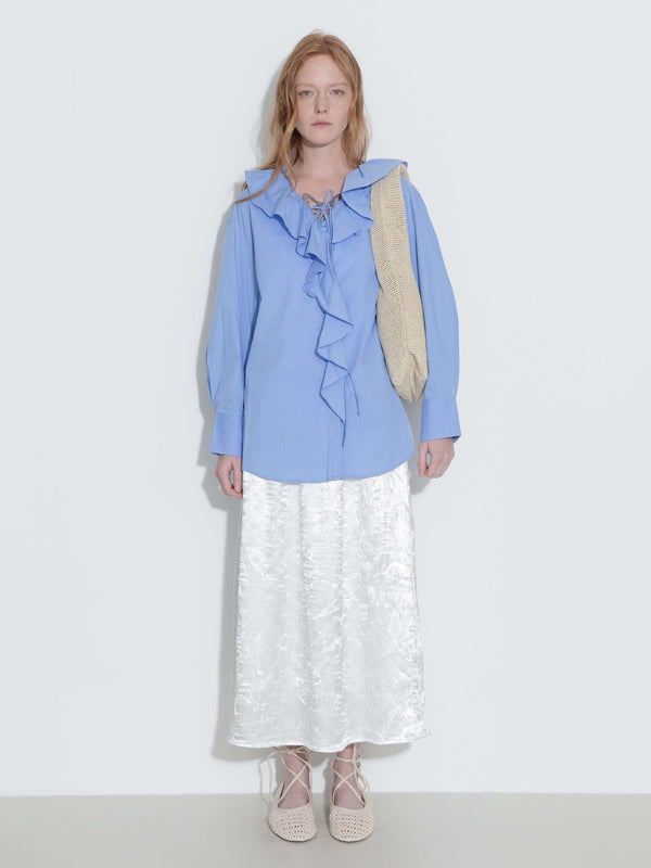 Cubic Ruffle Collar Striped Shirt Blue