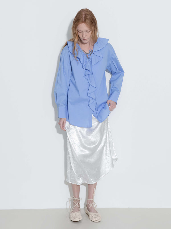 Cubic Ruffle Collar Striped Shirt Blue