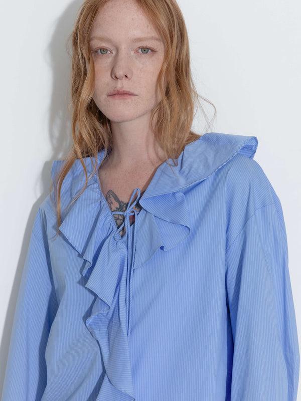 Cubic Ruffle Collar Striped Shirt Blue