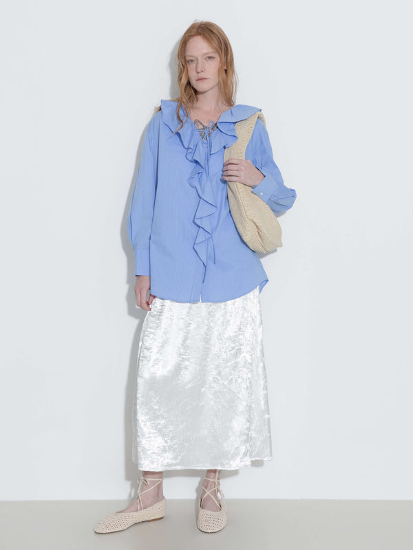 cubic Ruffle Collar Striped Shirt Blue