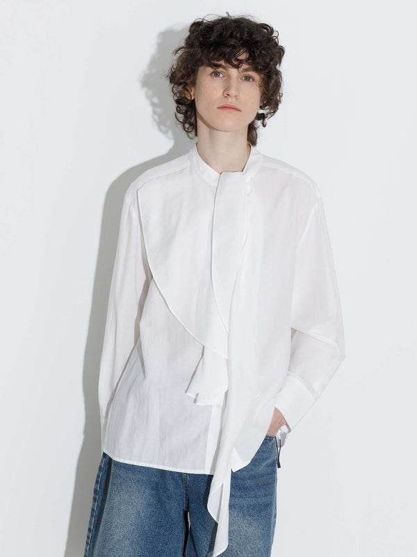 Cubic Ruffle Neck Tie Long Sleeve Shirt White