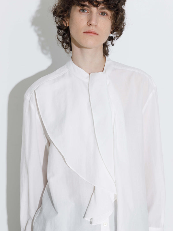 Cubic Ruffle Neck Tie Long Sleeve Shirt White