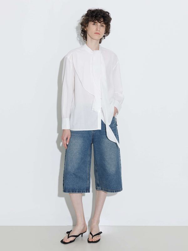 Cubic Ruffle Neck Tie Long Sleeve Shirt White