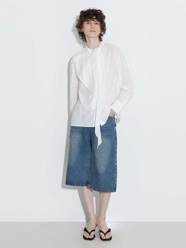 cubic Ruffle Neck Tie Long Sleeve Shirt White