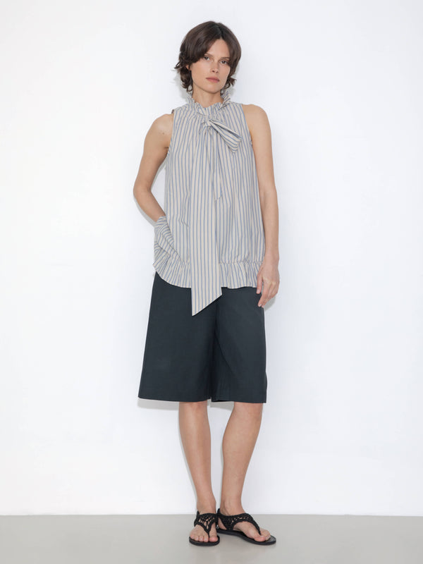 Cubic Ruffle Stand Collar Tie A-line Tank Top Gray