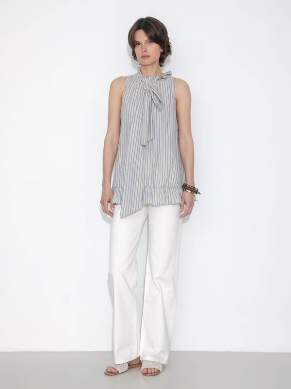 Cubic Ruffle Stand Collar Tie A-line Tank Top Gray