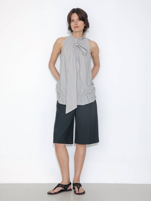 cubic Ruffle Stand Collar Tie A-line Tank Top Gray