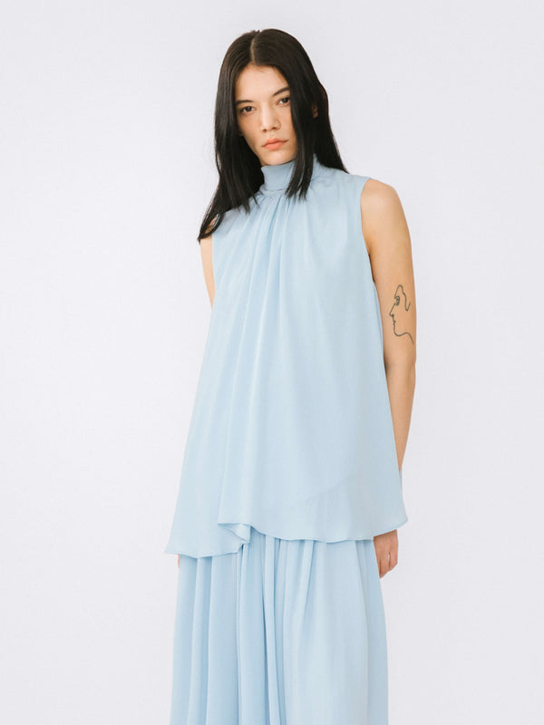 cubic Ruffled Loose Sleeveless Halter Top Blue