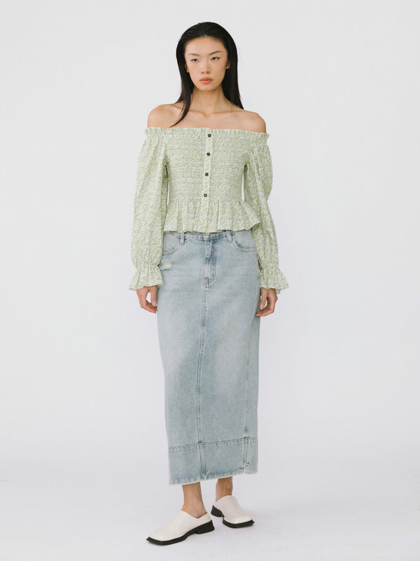 Cubic Ruffled Off-Shoulder Blouse Green