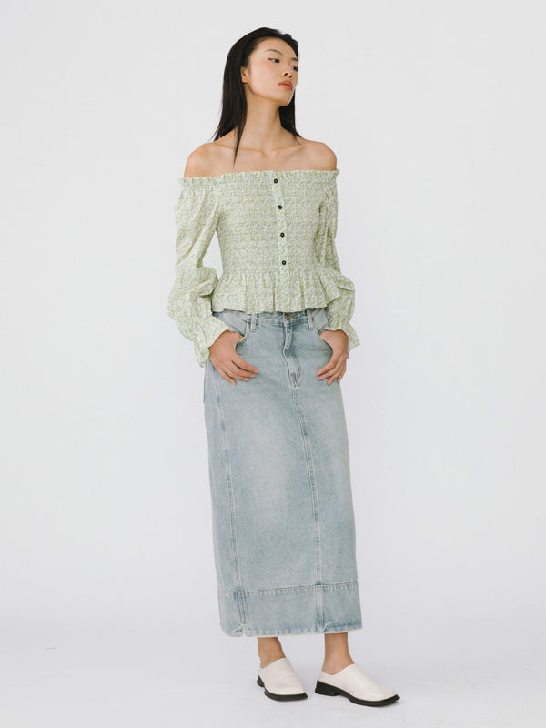 Cubic Ruffled Off-Shoulder Blouse Green