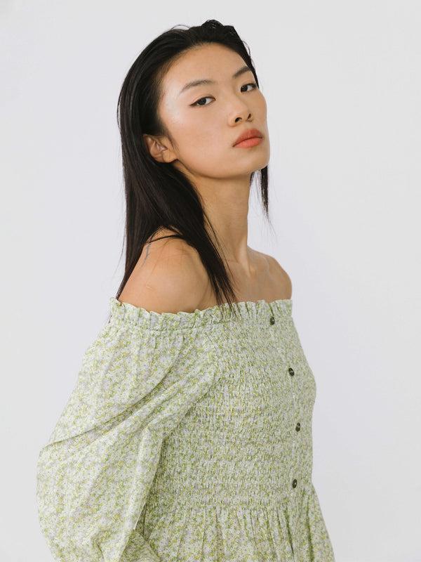 Cubic Ruffled Off-Shoulder Blouse Green