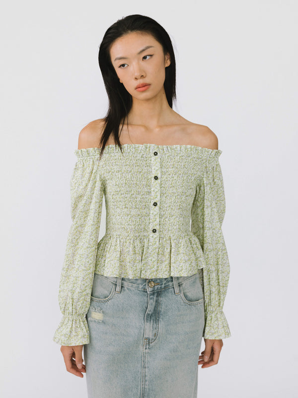 cubic Ruffled Off-Shoulder Blouse Green