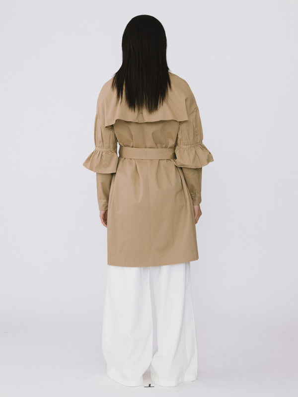 Cubic Ruffled Sleeves Trench Coat Khaki