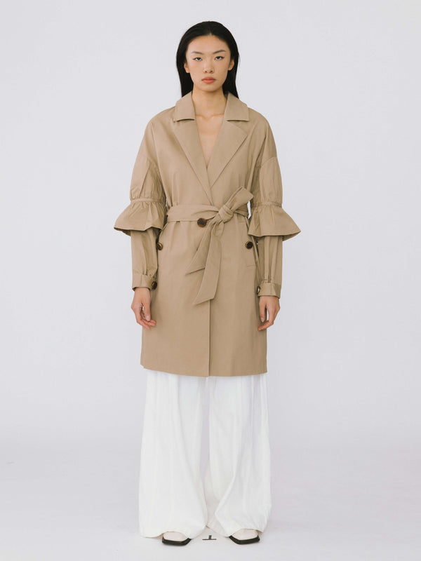 Cubic Ruffled Sleeves Trench Coat Khaki