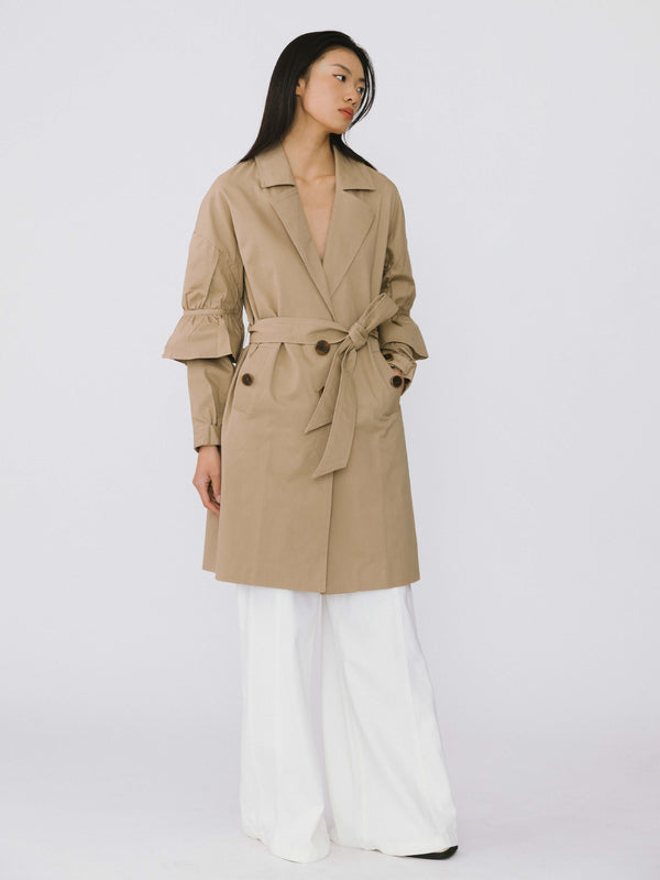 Cubic Ruffled Sleeves Trench Coat Khaki