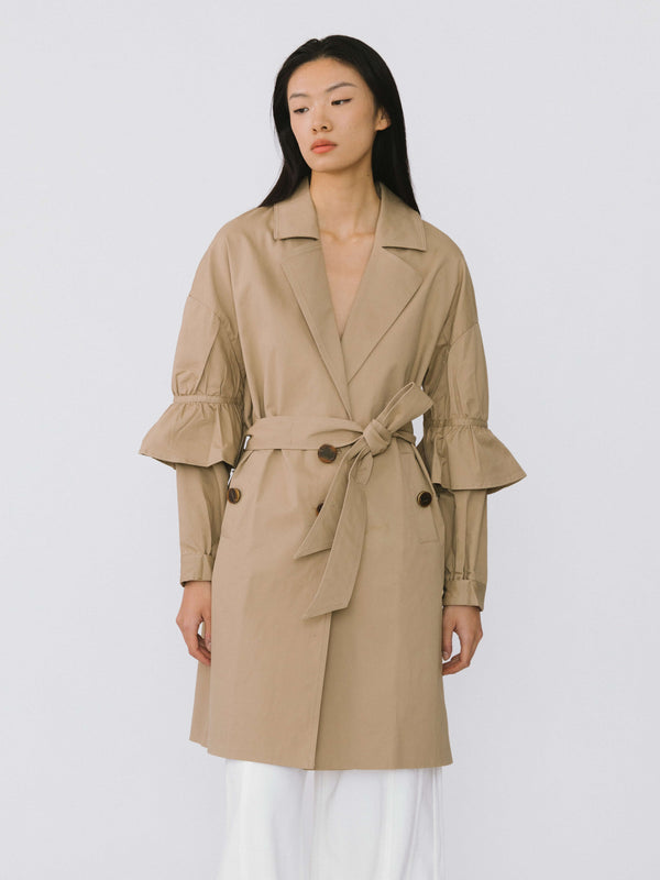 cubic Ruffled Sleeves Trench Coat Khaki