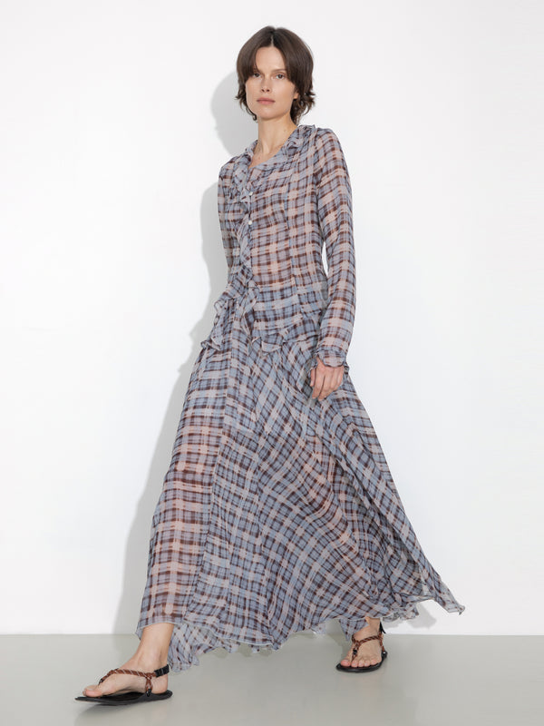 Cubic Semi-Sheer Ruffle Trim Check Shirt Blue