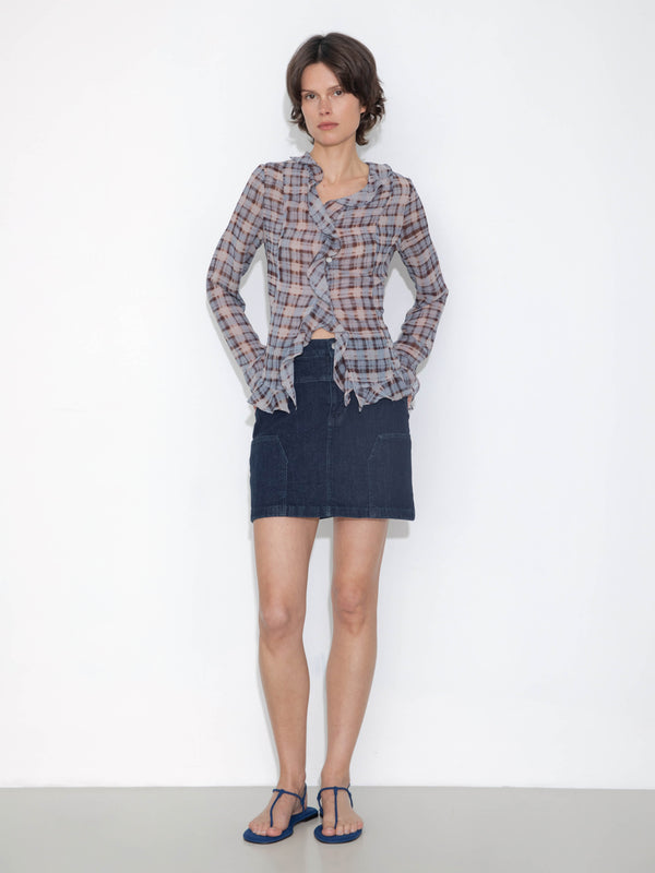 Cubic Semi-Sheer Ruffle Trim Check Shirt Blue