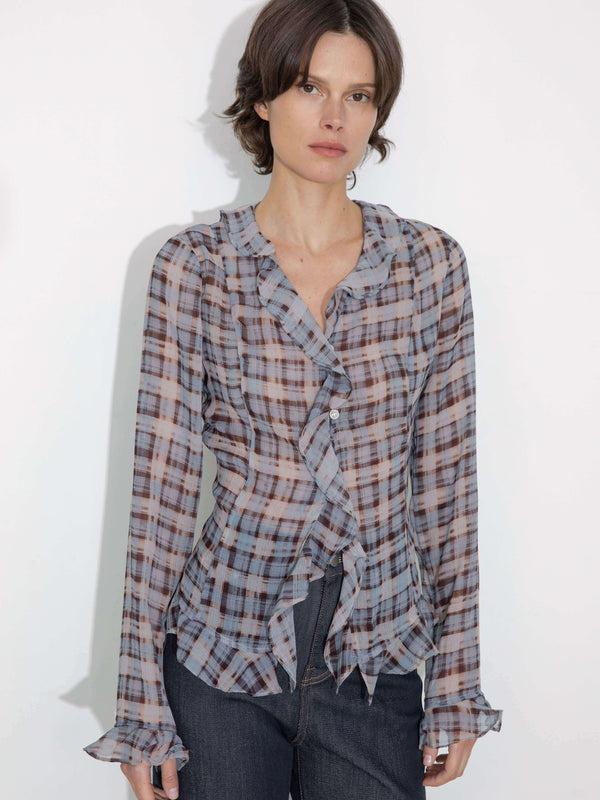 Cubic Semi-Sheer Ruffle Trim Check Shirt Blue