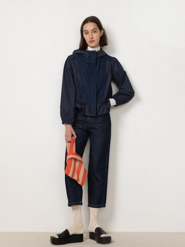 Cubic Short Denim Windbreaker Jacket Navy