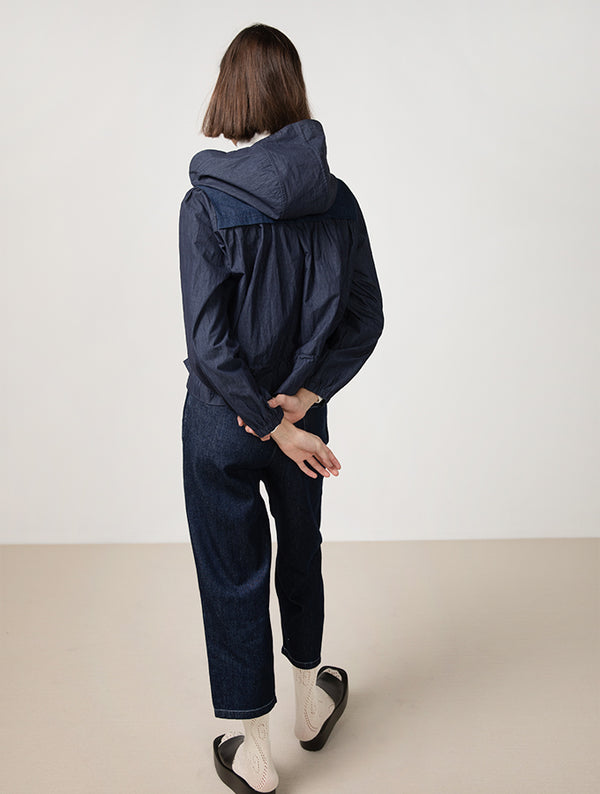 Cubic Short Denim Windbreaker Jacket Navy