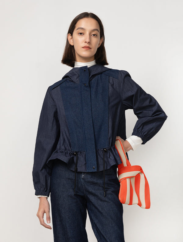 cubic Short Denim Windbreaker Jacket Navy